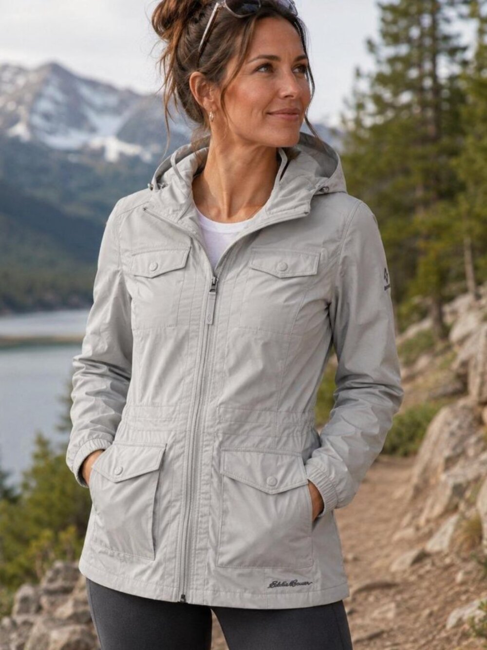 Light Gray Eddie Bauer Travex Atlas UPF 50+ Hooded Utility Jacket